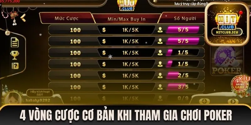 4 vòng cược cơ bản khi tham gia chơi Poker tại Hitclub